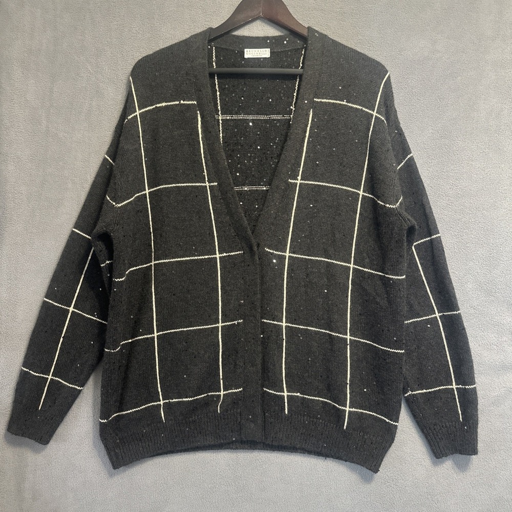Brunello Cucinelli Cashmere Silk Sequin Cardigan Size XXL Gray Quiet Luxury